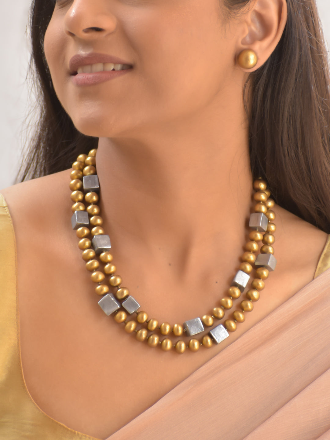 Terracotta Dual-Layer Gold and Silver Bead Necklace with Stud Earrings
