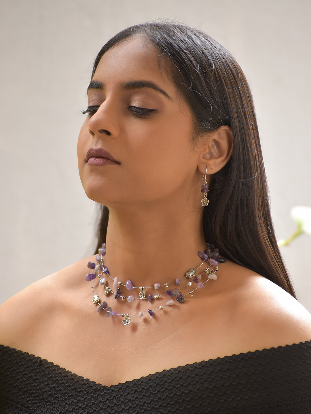 AmoraGleam – Multi-Layer Purple Amethyst Agate Gemstone Necklace with German Silver Motifs