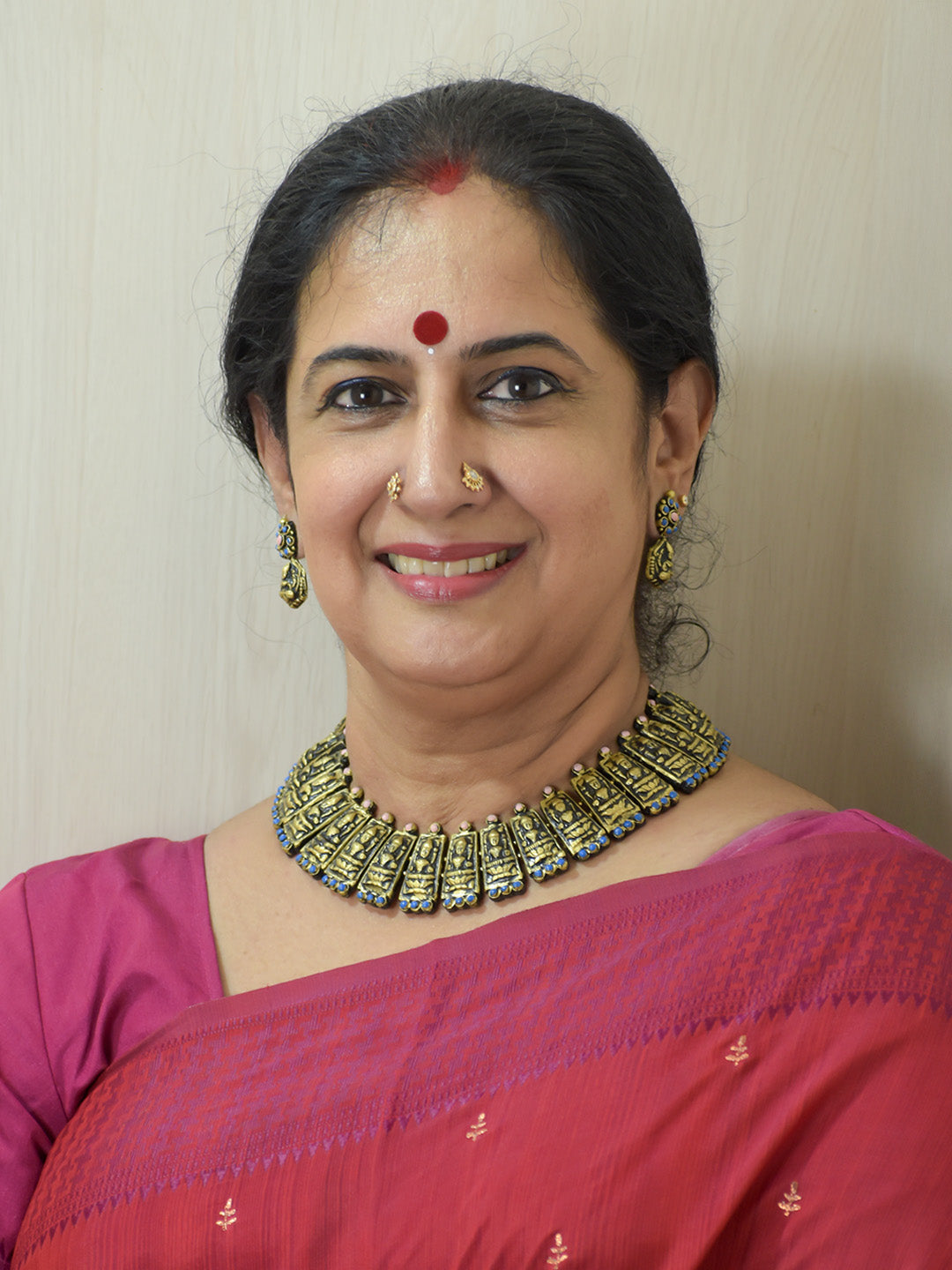 Handcrafted Terracotta Antique Gold Lakshmi Choker Set with Pink & Blue Accents