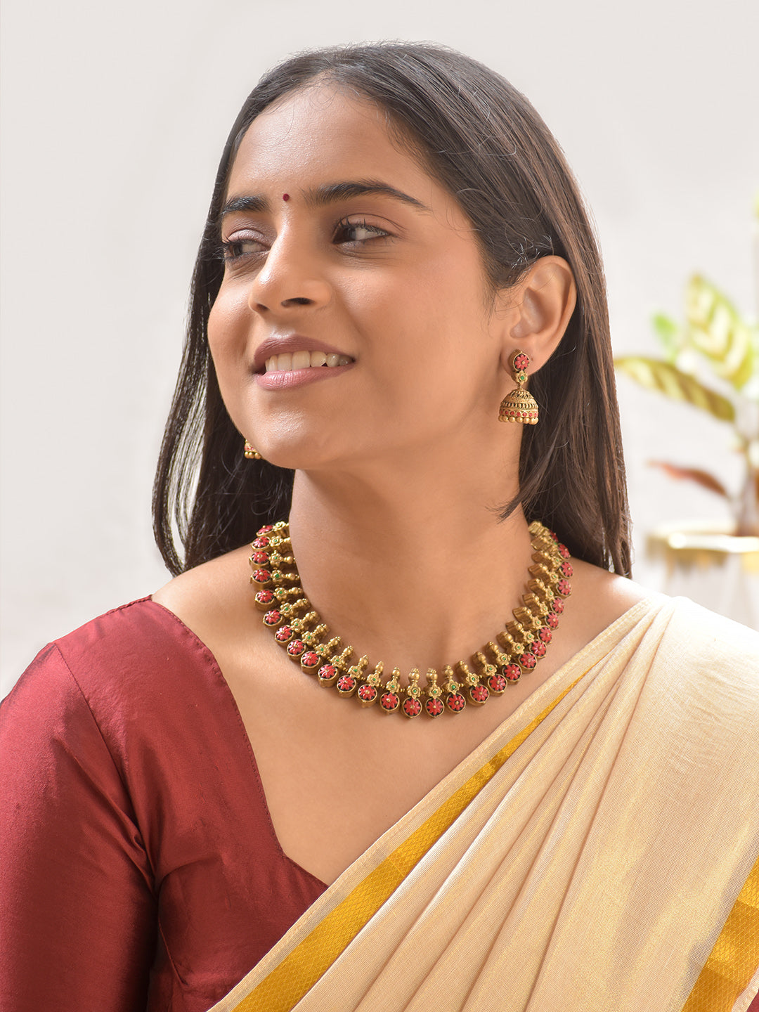 Terracotta Floral Necklace Set with Antique Bead Drops