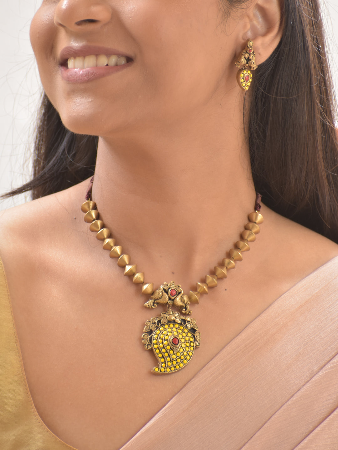 Terracotta Cone Bead Necklace with Peacock Motif & Yellow-Red Paisley Pendant