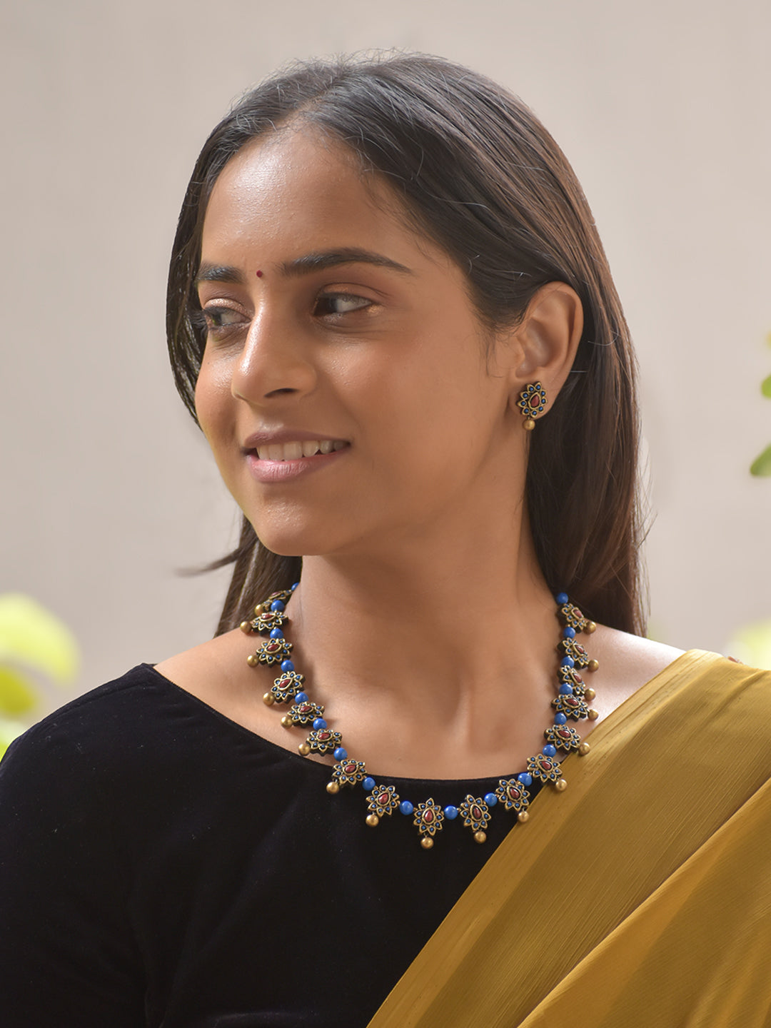 Neelapushpa - Floral Pattern Terracotta Necklace Set with Blue Accents Stud Earrings