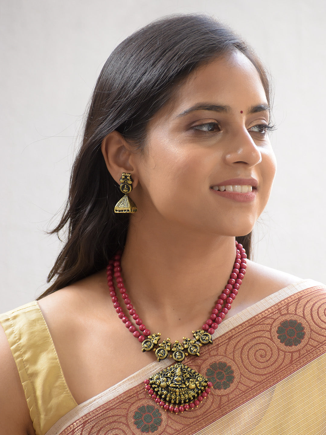 Handcrafted Terracotta Lakshmi Design Choker Set with Dual-Strand Red Beads