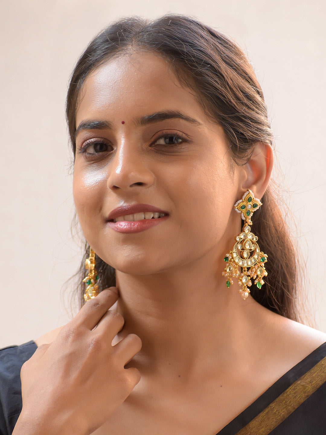 Premium Crafted 18K Gold Plated Kundan Drop Earrings with Polki, Green Accents, and Pearls