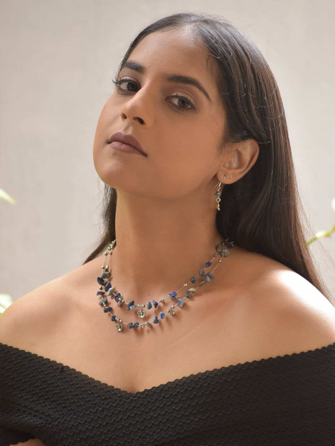 AquaVibe – Blue Agate Two-Layer Necklace Set with German Silver Motifs & Matching Earrings