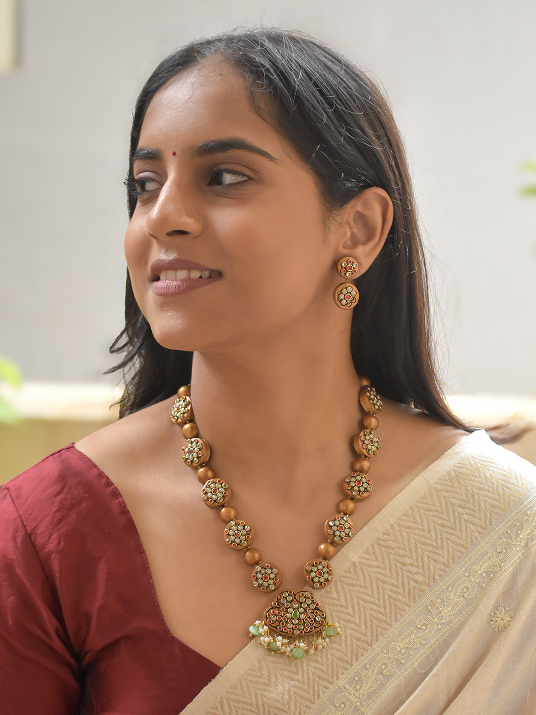 Handcrafted Terracotta Pendant Necklace Set with Antique Gold Beads and Multicolor Stones