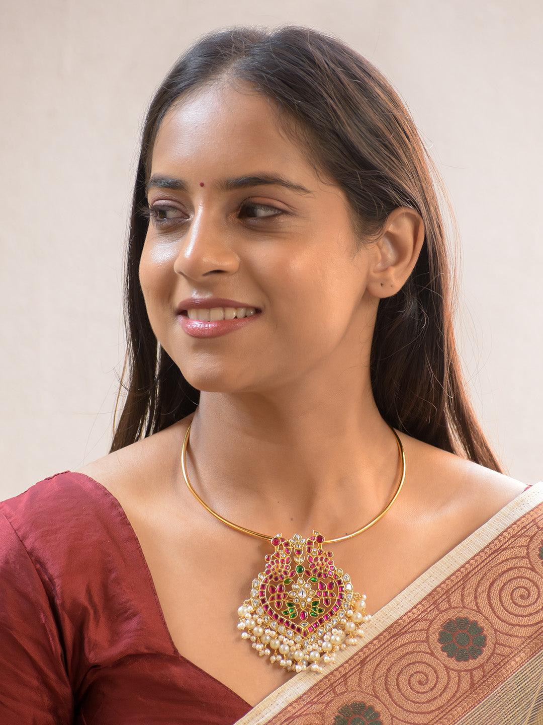 Premium Carfted 18K Gold Plated Jadau Kundan Peacock Hasli with Pearl Drops