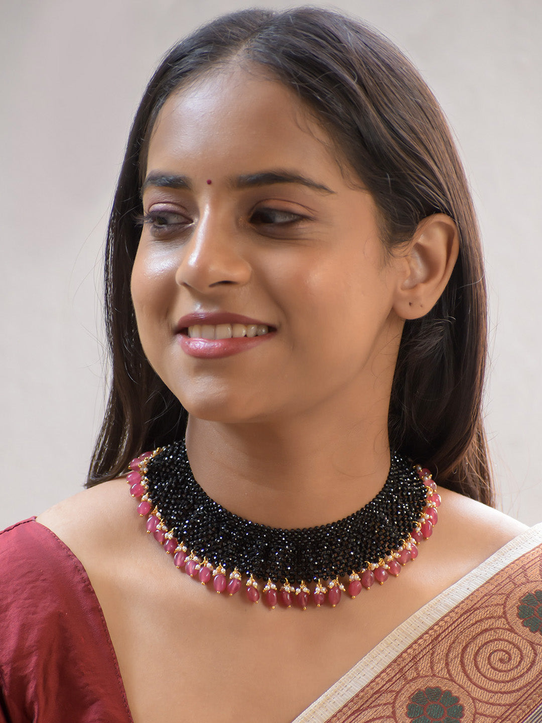 Intricately Woven Black Crystal Choker with Pink Agate Drops