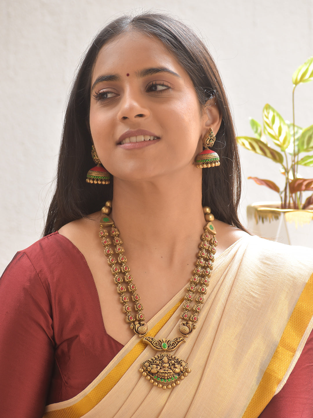 Terracotta Double-Layer Antique Necklace Set with Lakshmi Goddess Pendant