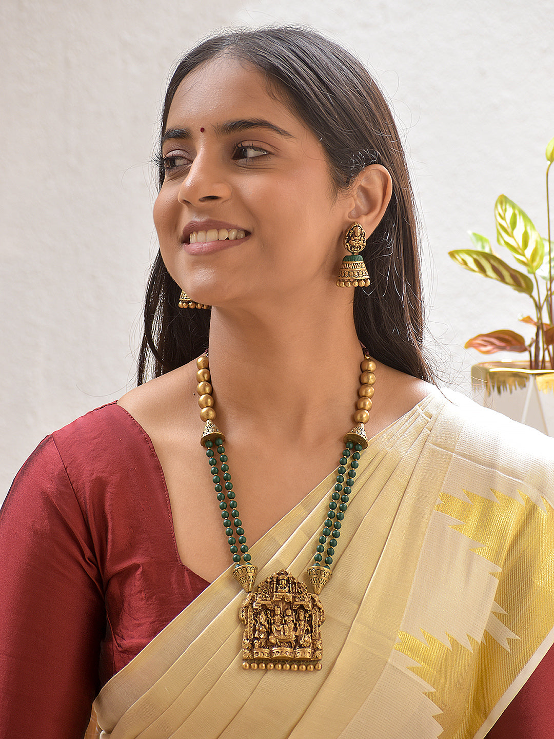 Terracotta Antique Shiva Parvati Ganesha Subramanya Temple Necklace Set with Dual Green Beads