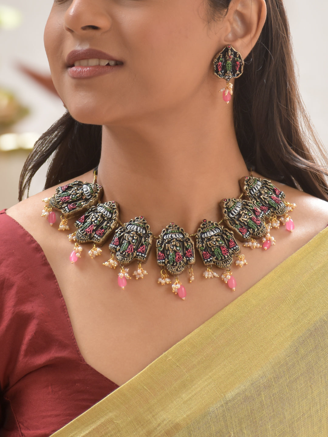 Terracotta Black Temple Necklace with Multicolor Detailing & Pink Bead Drops