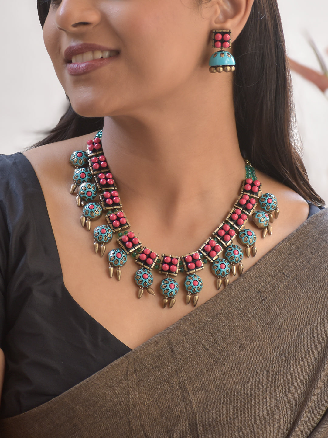 Terracotta Dual-Tone Statement Necklace with Pink and Turquoise Beads & Earrings