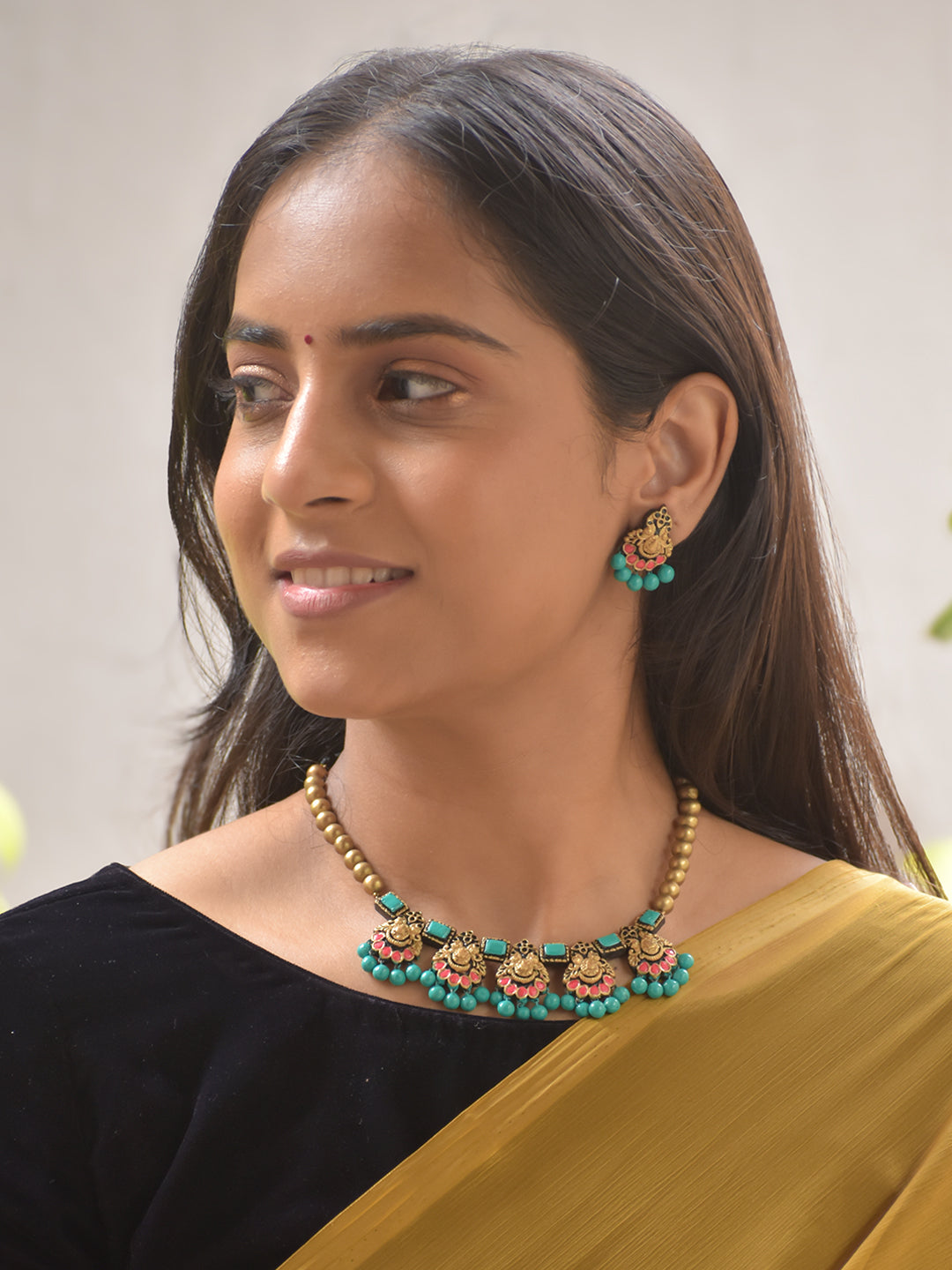 Shanvika - Temple-Inspired Terracotta Necklace Set with Turquoise Beads in Emerald Green Stud Earrings