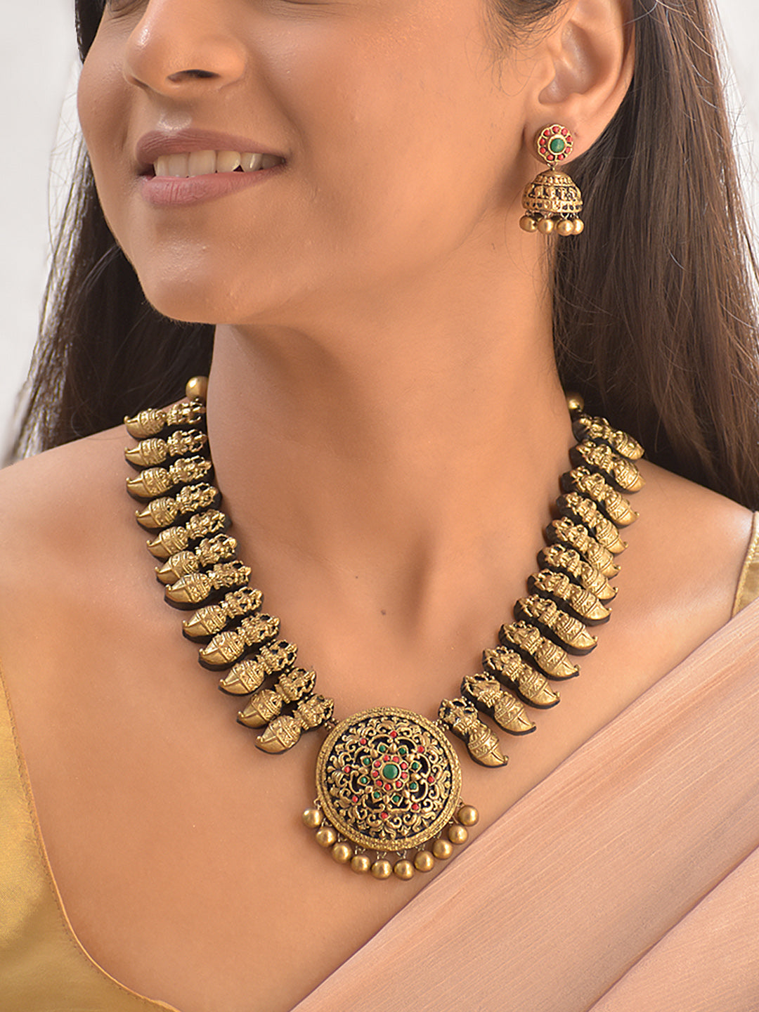 Terracotta Antique Gold Coin Necklace with Round Floral Pendant & Jhumka Earrings