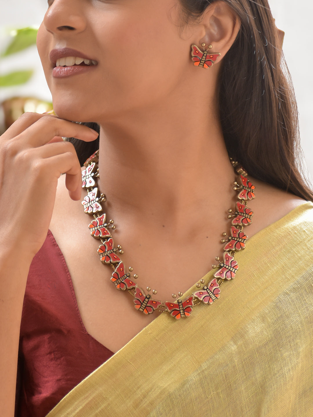 Terracotta Red Butterfly Motif Necklace with Matching Earrings