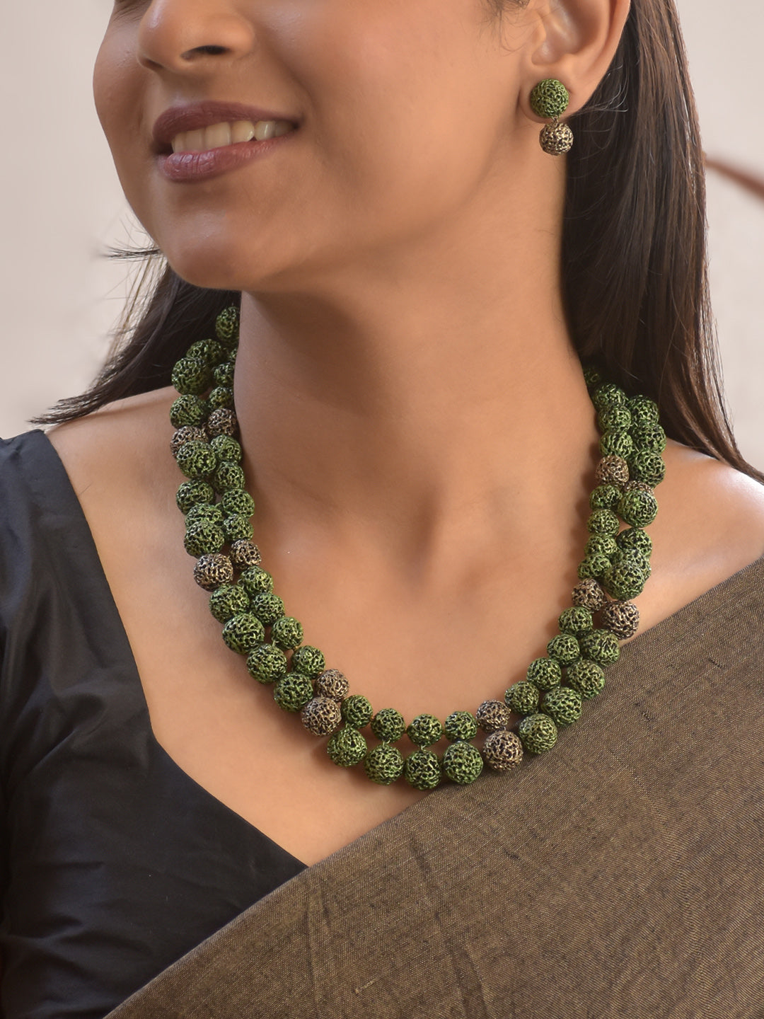Terracotta Green Textured Bead Necklace with Matching Earrings