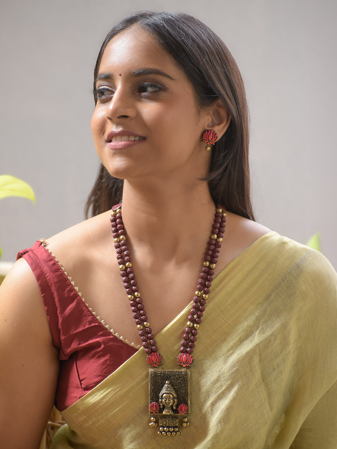 Satyamala - Handmade Terracotta Buddha Pendant Necklace Set – Red Beads with Lotus Accents Matching Earrings