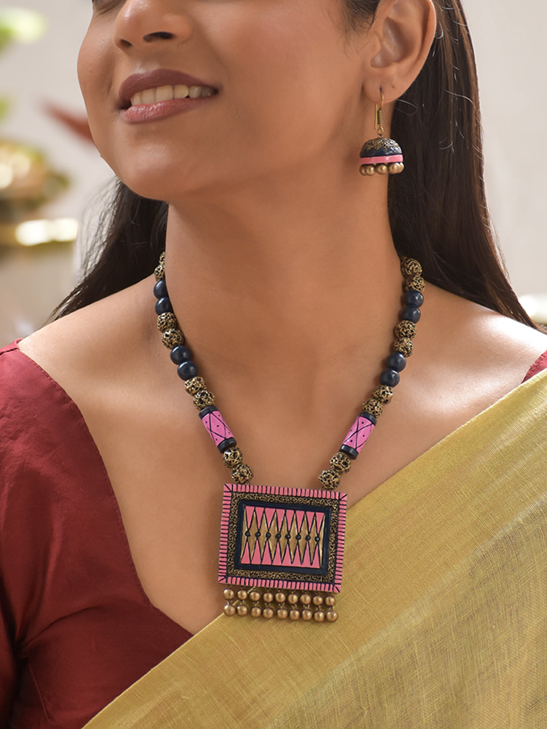 Terracotta Pink Rectangular Pendant Necklace with Beads & Earrings