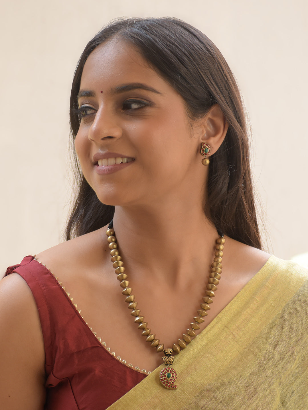 Paisleyara - Handmade Terracotta Statement Necklace Set – Antique Gold Beads with Paisley Pendant in Red Green Matching Earrings