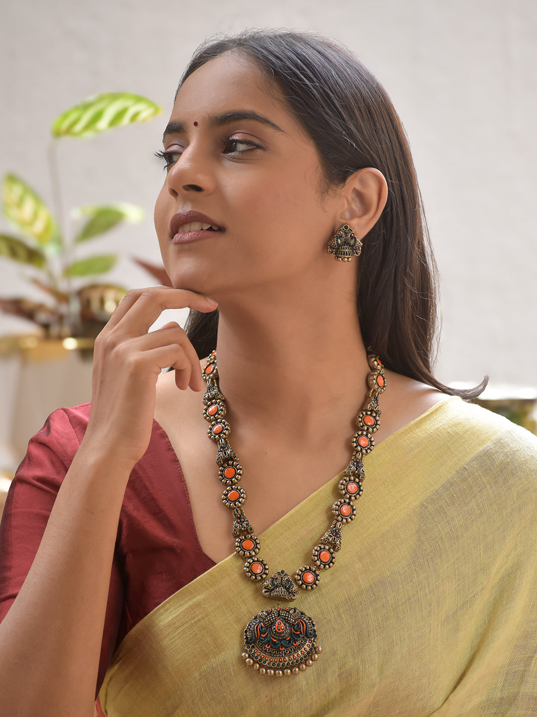 Terracotta Orange Round Bead Necklace with Peacock Motif Pendant & Earrings