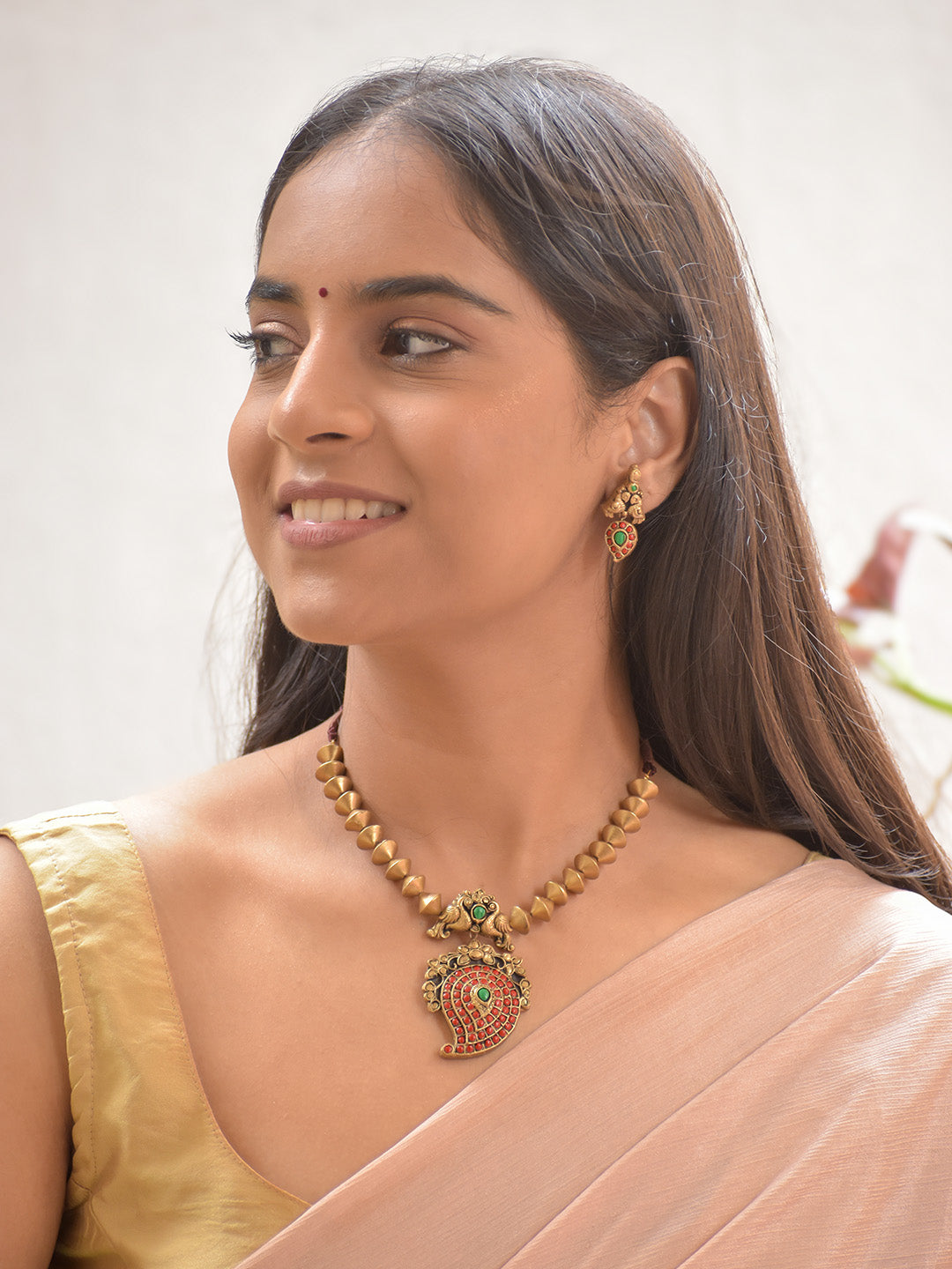 Terracotta Cone Bead Necklace with Peacock Motif & Red-Green Paisley Pendant