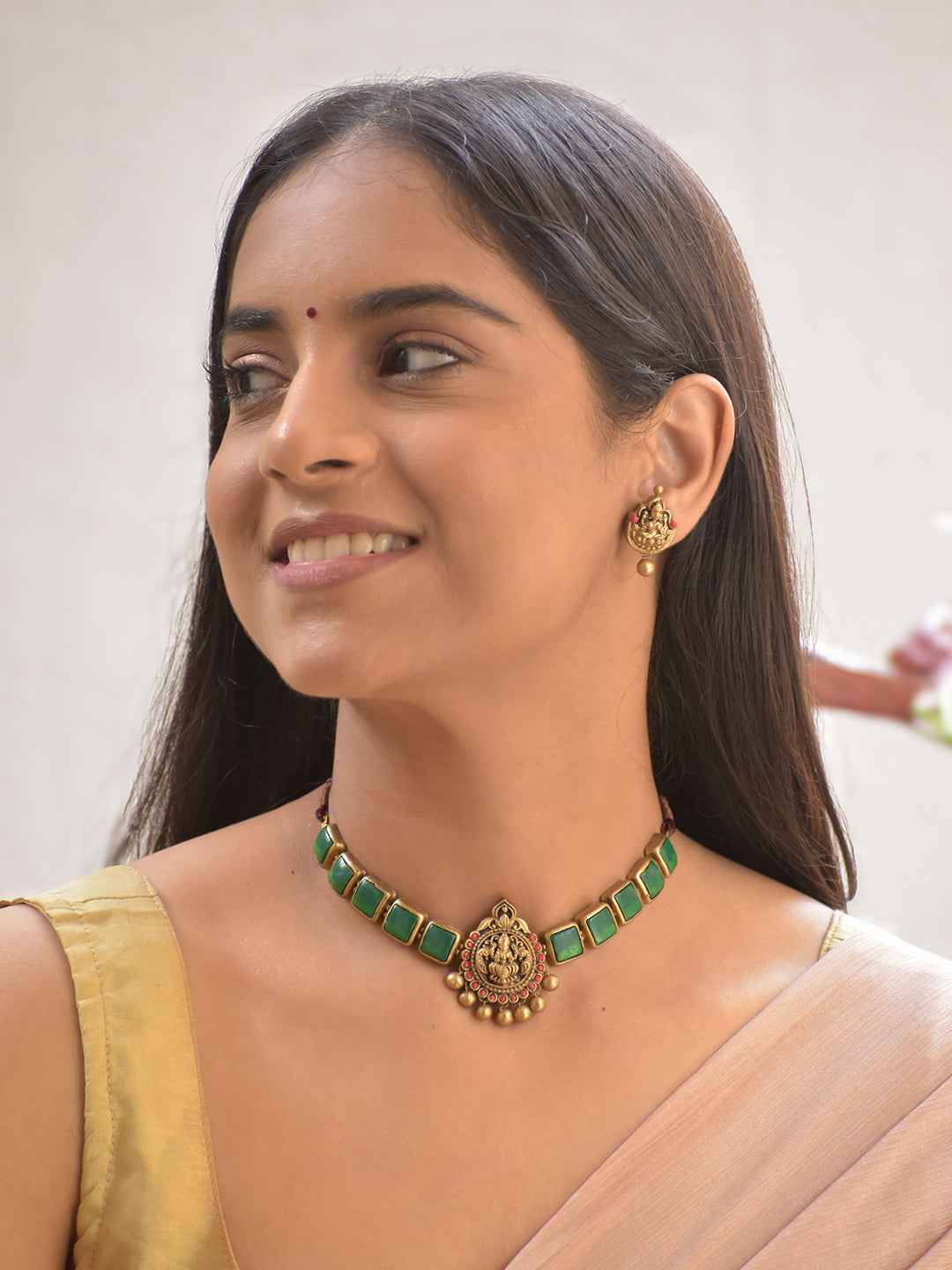 Terracotta Dark Green Square Stone Choker Necklace with Lakshmi Goddess Pendant & Earrings