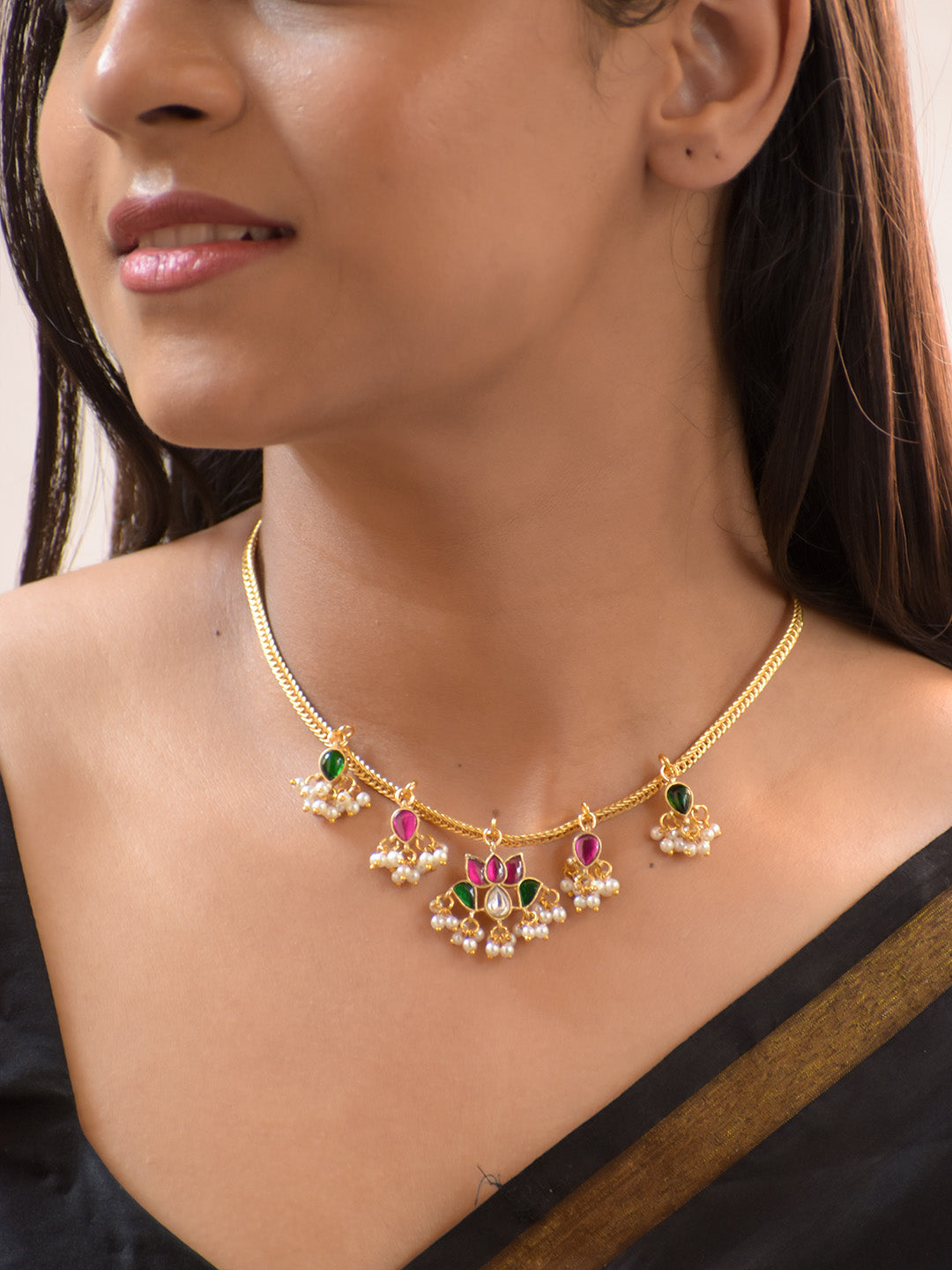 Premium Gold-Plated Jadau Kempu Floral Necklace with Kundan and Pearls