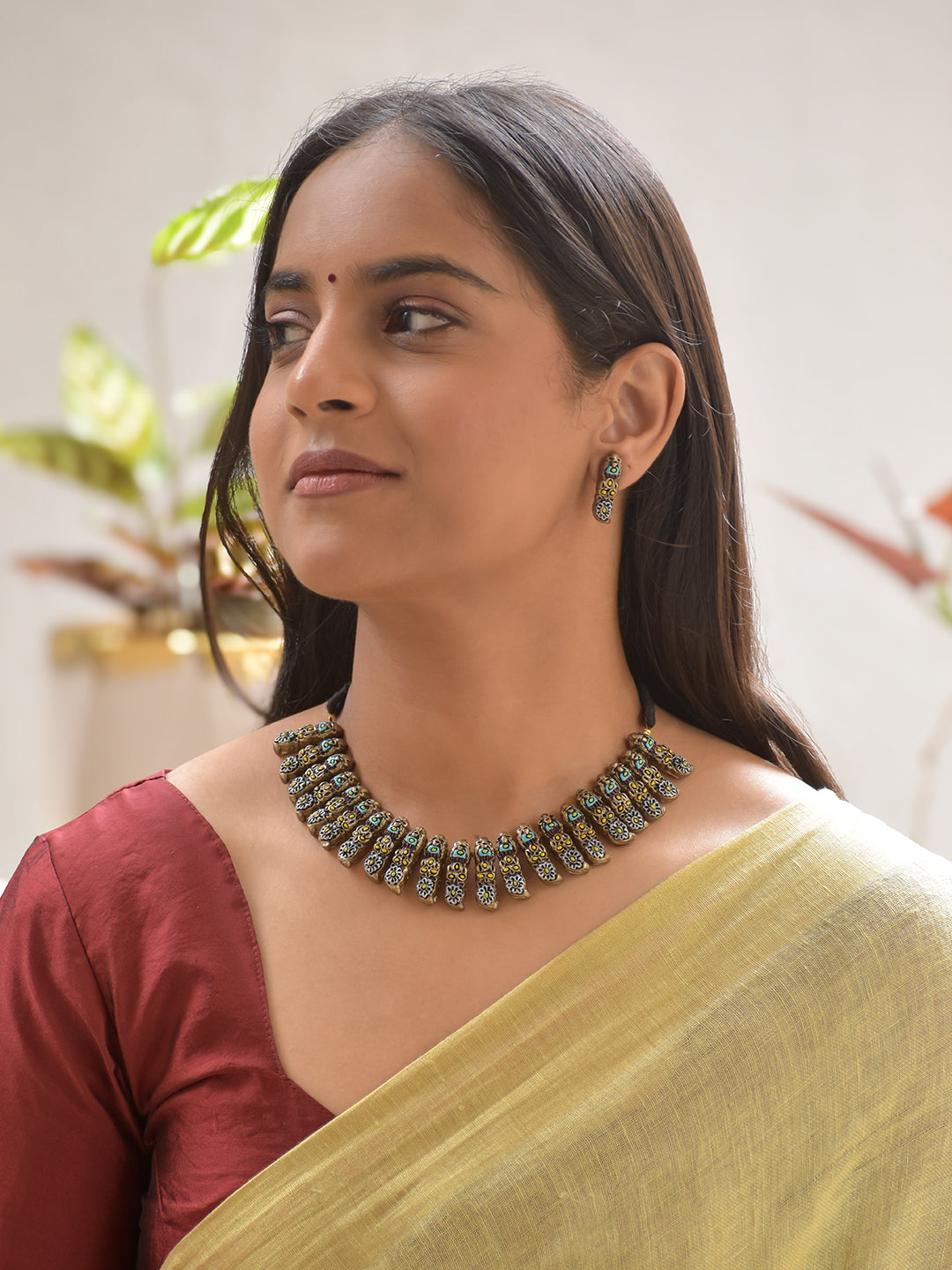 Terracotta Antique Black Floral Motif Necklace with Turquoise & Yellow Accents and Earrings