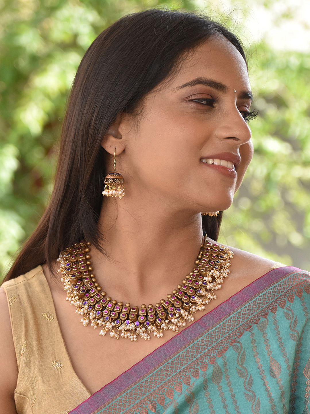 Beautifully Handcrafted Geometric Terracotta Jewellery Set in Gold, Purple & Pink with Kundan Stones
