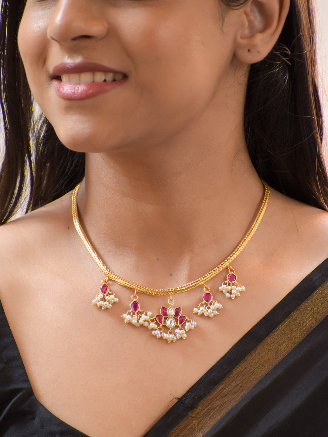 Premium Gold-Plated Floral Jadau Kundan Necklace with Pink Accents and Pearls