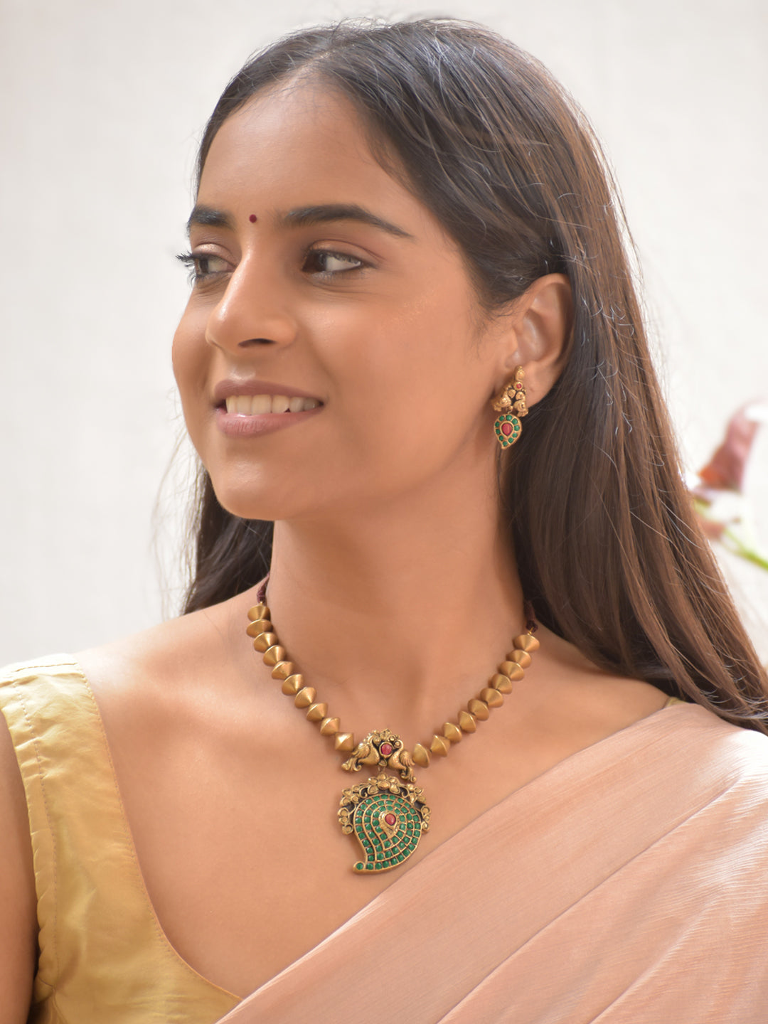 Terracotta Cone Bead Necklace with Peacock Motif & Green-Red Paisley Pendant