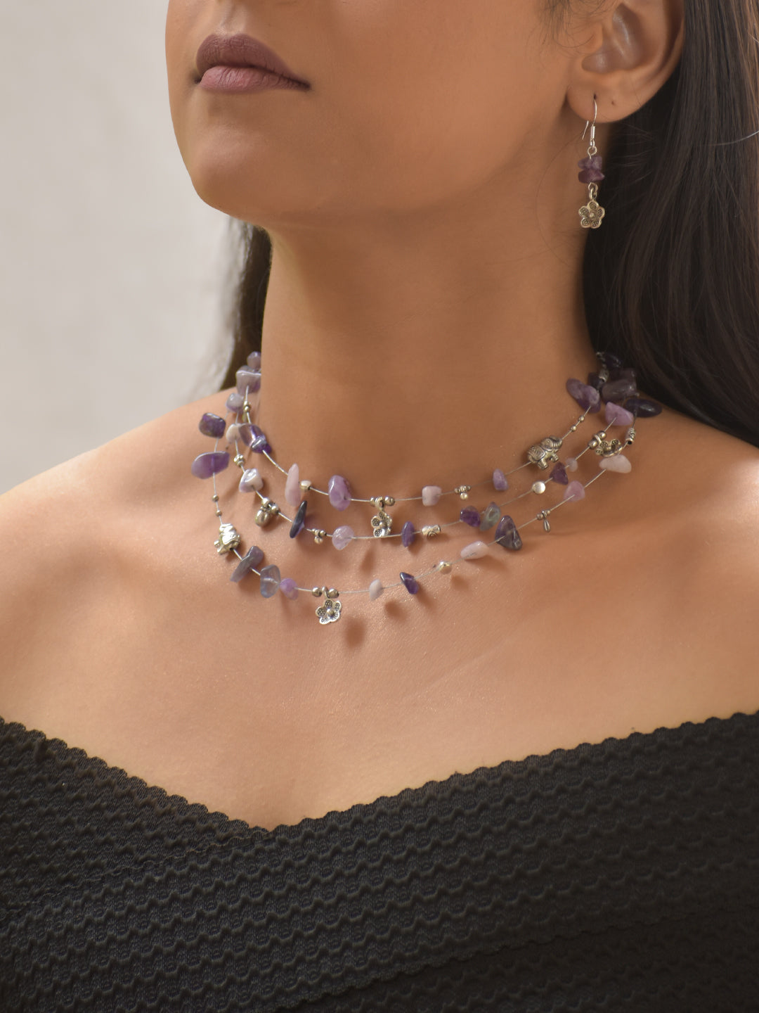 AmoraGleam – Multi-Layer Purple Amethyst Agate Gemstone Necklace with German Silver Motifs