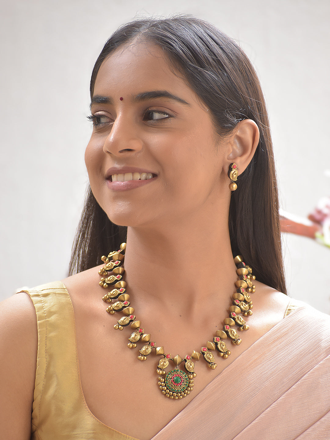 Terracotta Gold-Toned Floral Paisley Necklace with Red-Green Color & Earrings