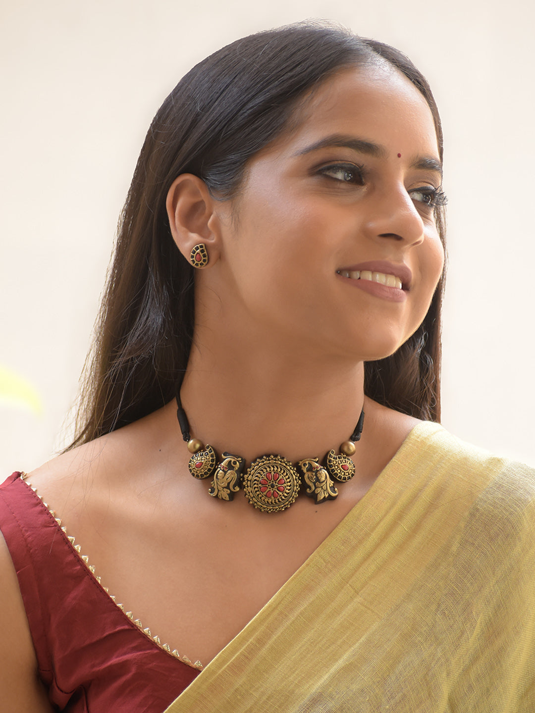 Mayurika - Handmade Terracotta Twin Peacock Choker Necklace Set – Antique Gold & Red Earrings