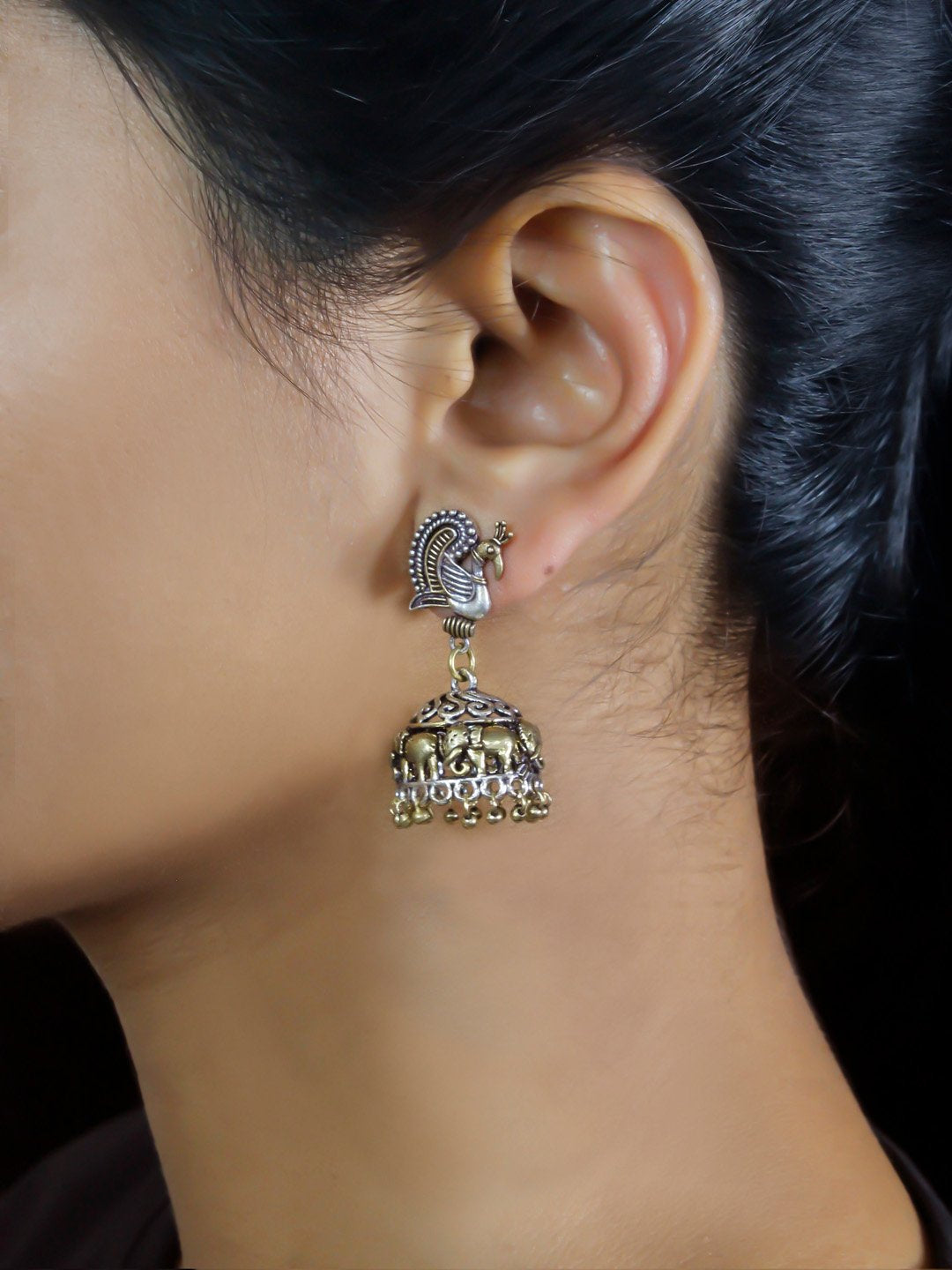 Traditional Dual Tone Mayur & Elephant Design Stud Jhumka