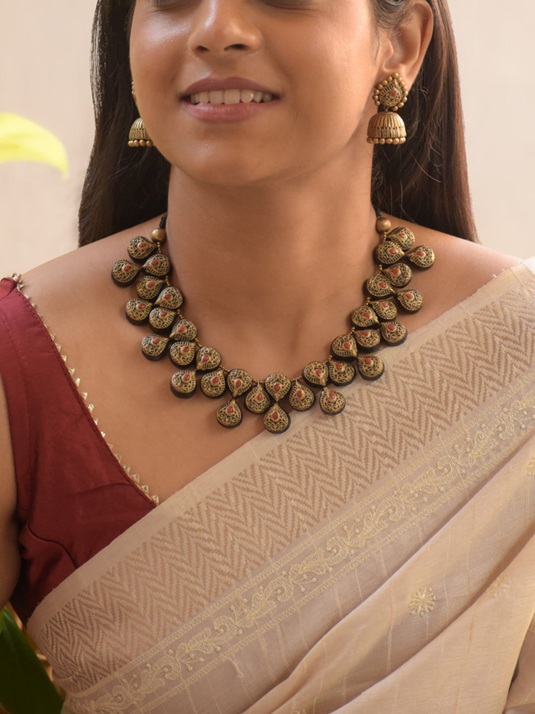 Paisalya - Handmade Terracotta Necklace Set – Antique Gold Paisley Motifs with Red Green Accents Matching Earrings