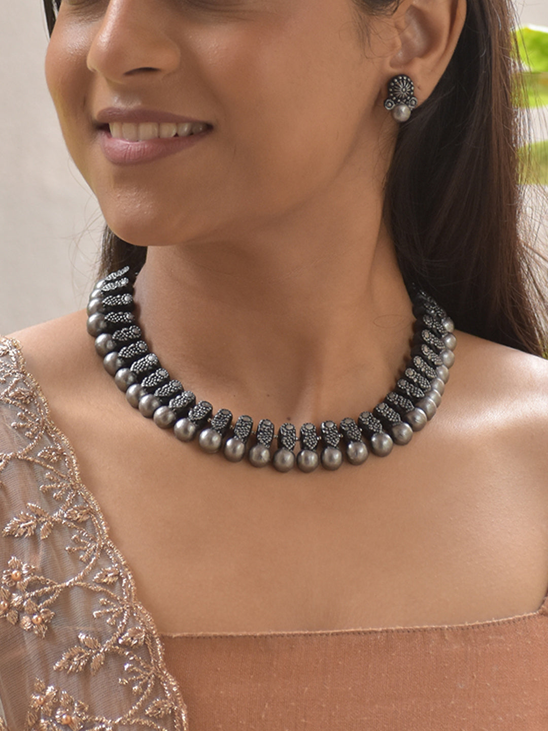 Rajniha - Elegant Oxidized Kolhapuri Beaded design in Silver color in Terracotta Beaded Necklace Set Stud Earrings