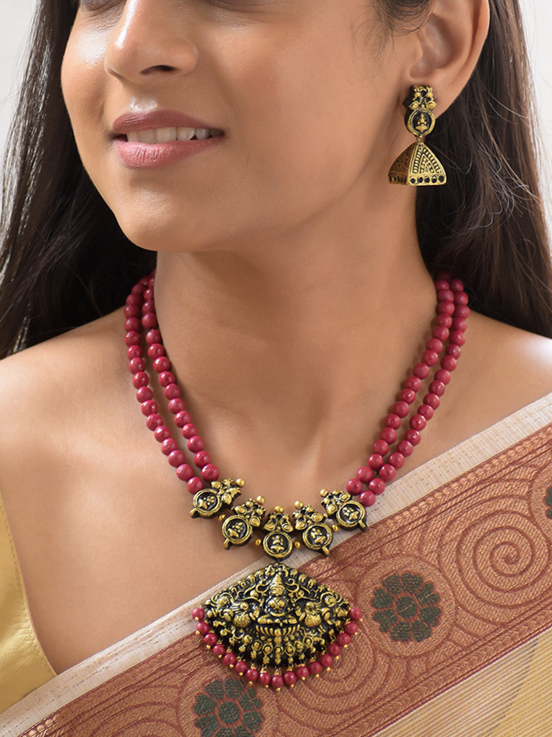 Handcrafted Terracotta Lakshmi Design Choker Set with Dual-Strand Red Beads