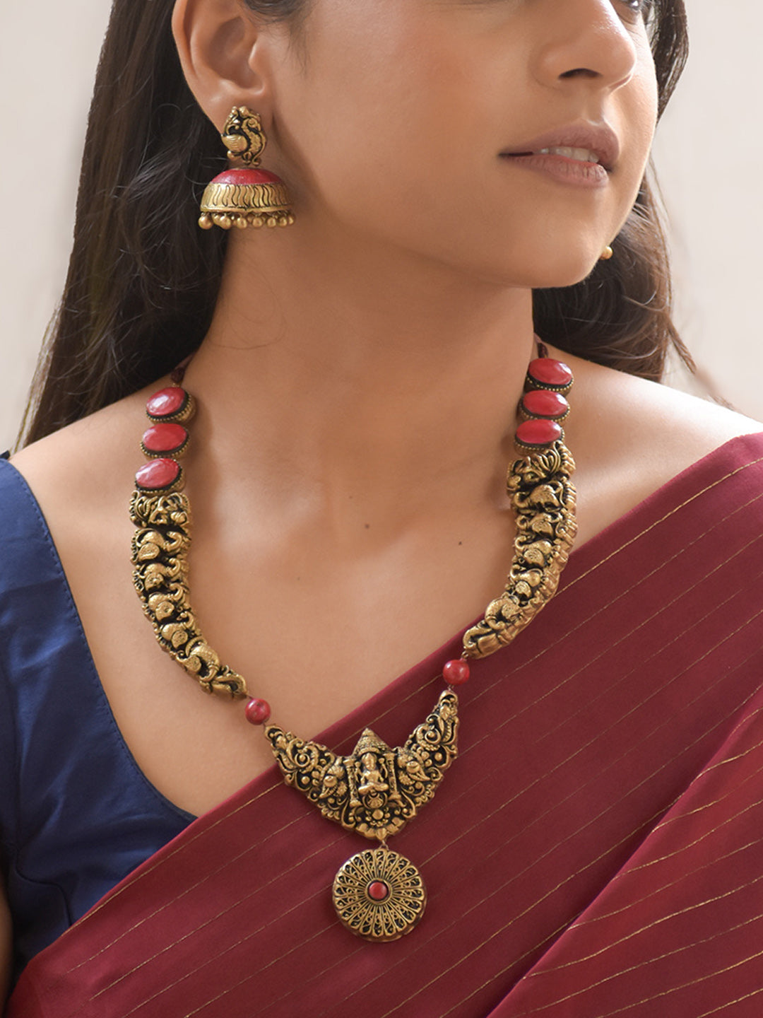 Rajapadma - Handcrafted Terracotta Temple Necklace Set with Lakshmi Motif and Antique Gold Finish and Red color Earrings