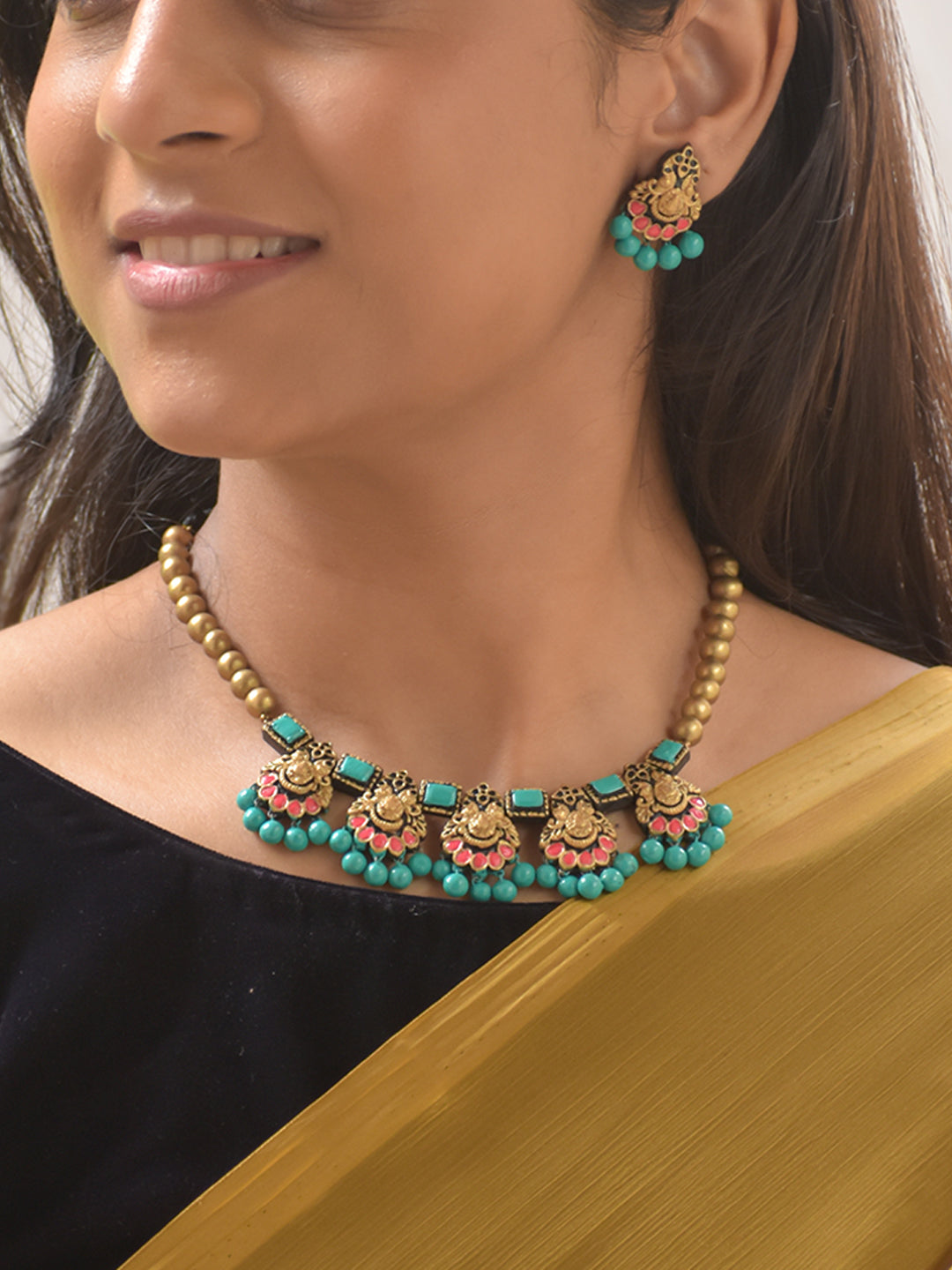 Shanvika - Temple-Inspired Terracotta Necklace Set with Turquoise Beads in Emerald Green Stud Earrings
