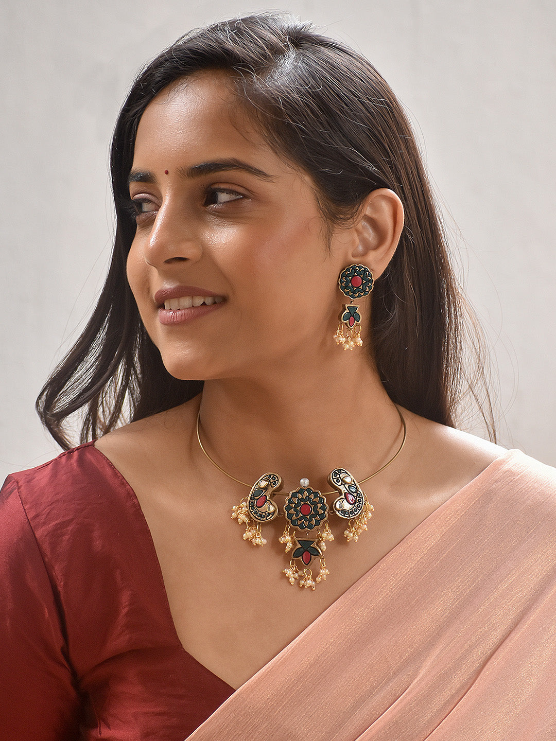 Handcrafted Boho Enamel Choker Necklace Set with Matching Earrings – Tribal Design & Pearl Drops