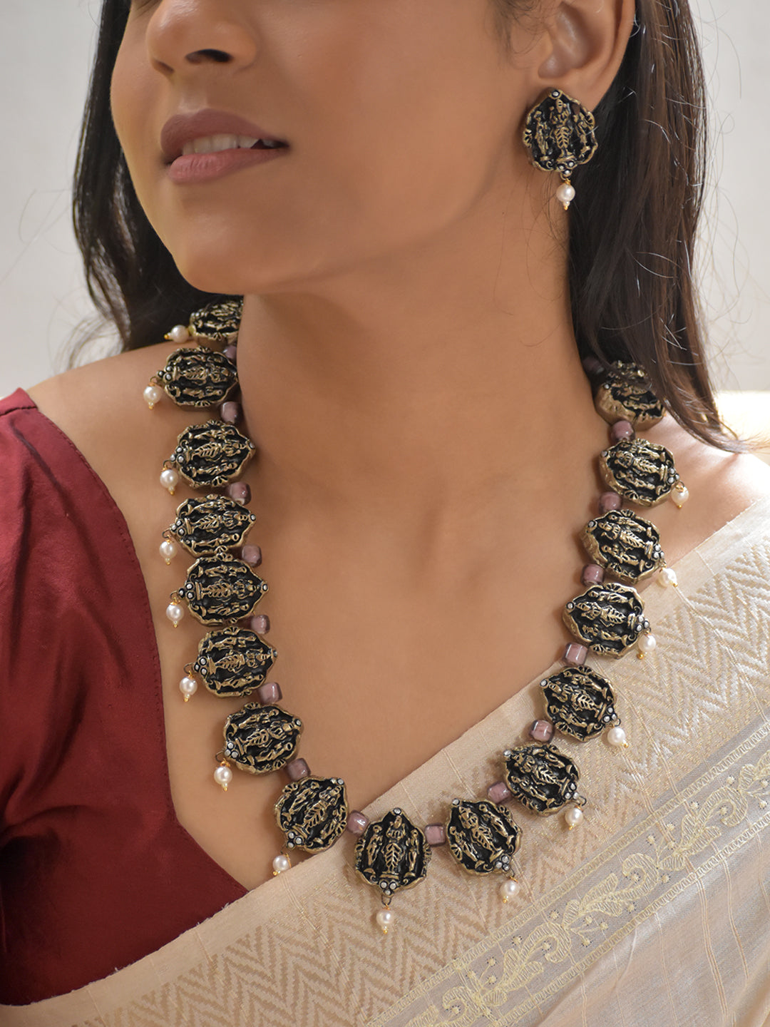 Handcrafted Terracotta Lord Venkateshwara Necklace Set with Antique Gold Beads, Purple Accents, and Pearl Drops