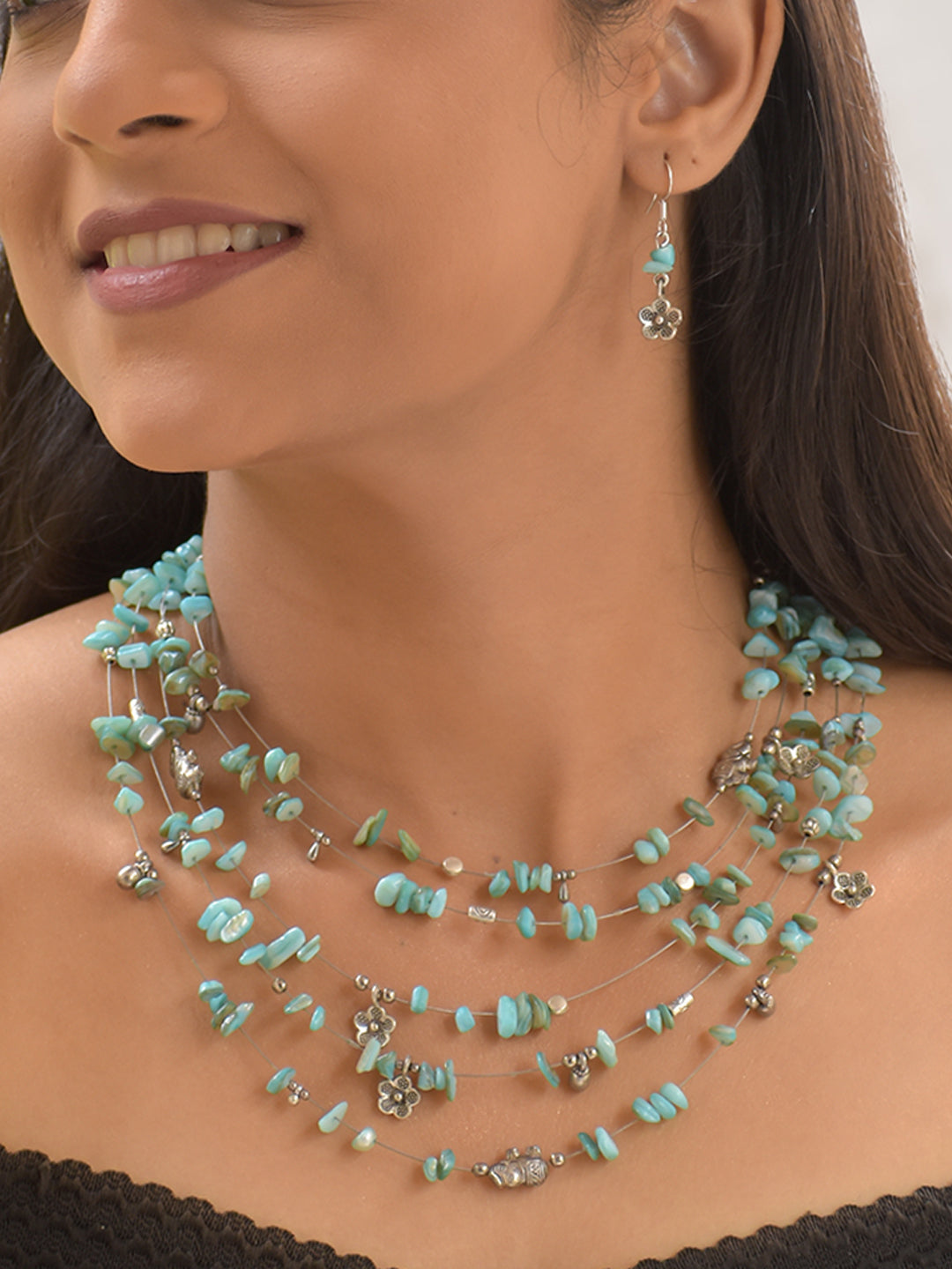 Celestara – Multi-Layer Aqua Green Agate Necklace Set with German Silver Accents