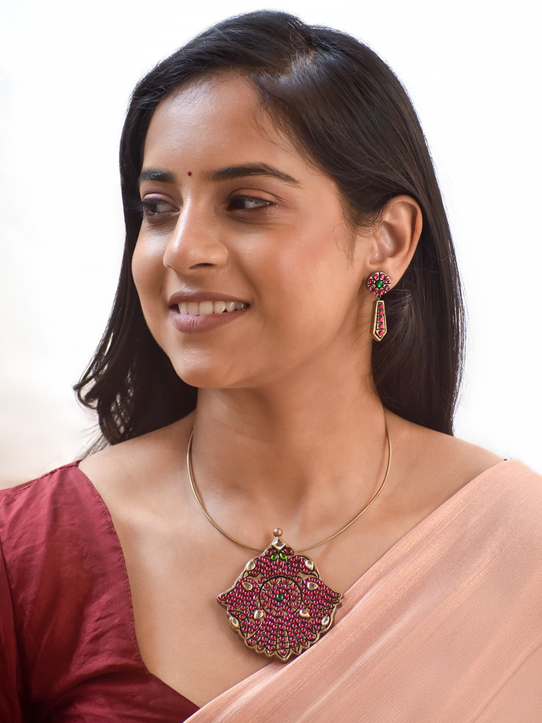 Statement Choker Necklace Set with Ruby Red Stones & Antique Gold Finish
