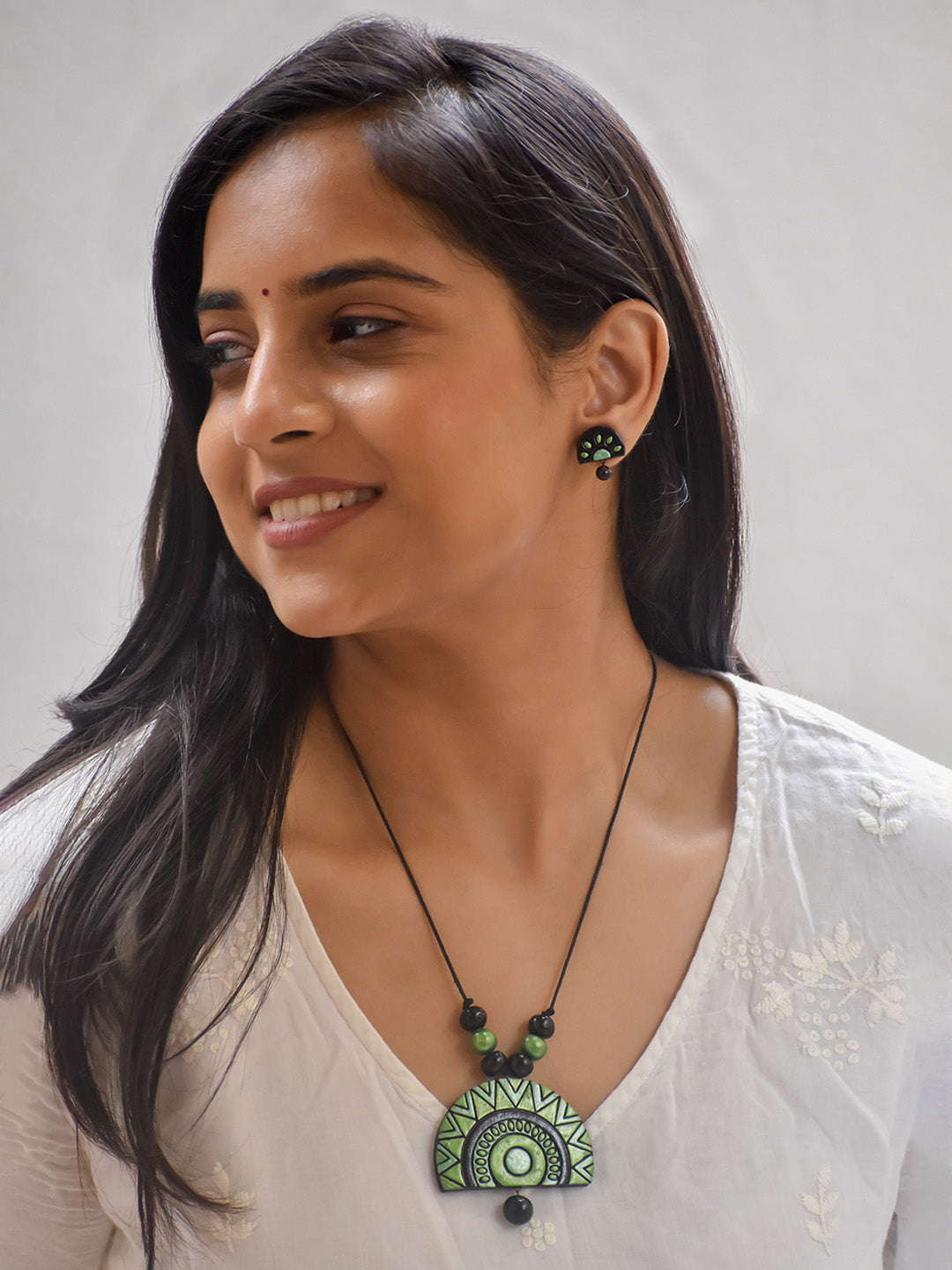 Handcrafted Green Color Terracotta Necklace with Tribal Inspired Half-Circle Design and Stud Earrings