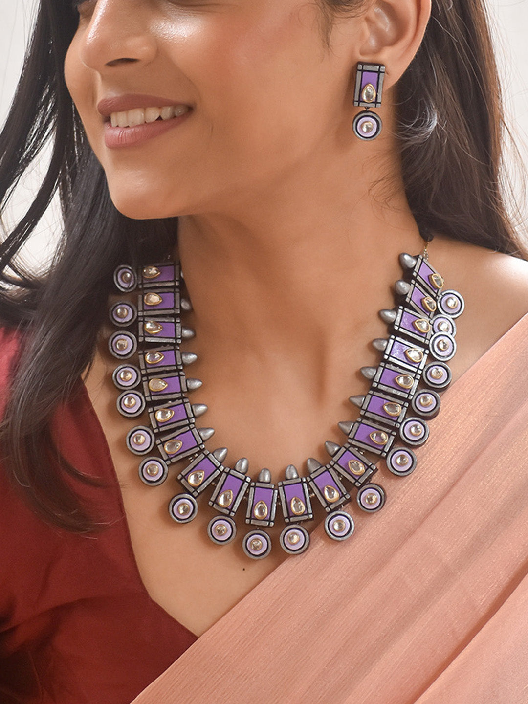 Handcrafted Contemporary Terracotta Jewellery Set in Purple, Black & Silver
