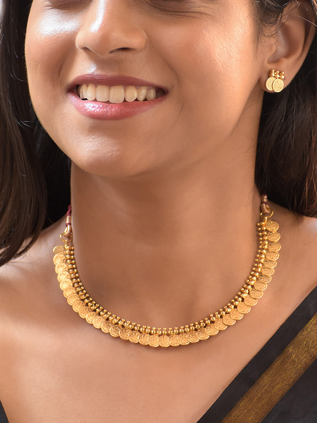 Kanchana - Traditional Gold-Plated Kasu Mala Coin Necklace and Earring Set