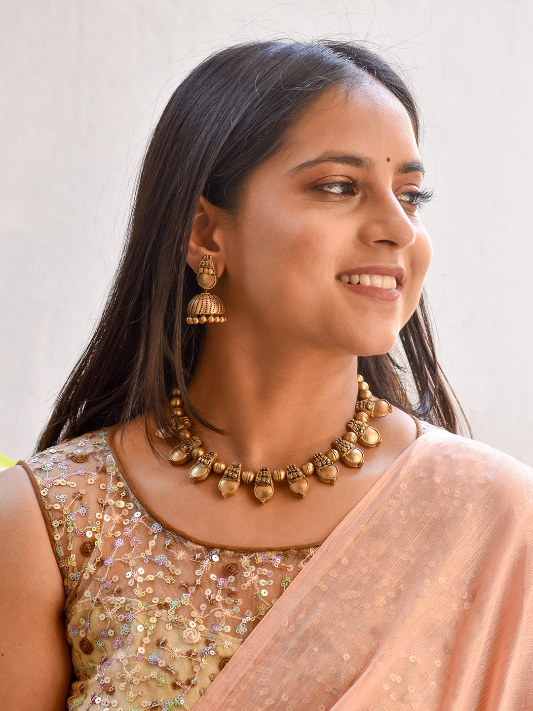 Beautifully Handmade Petal Motif Terracotta Jewellery Set in Antique Gold