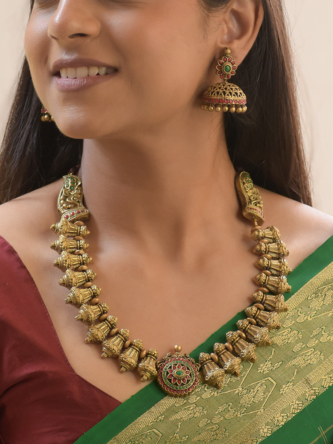 Padmalata - Handcrafted Terracotta Temple-Style Necklace Set with Lotus Pendant and Antique Gold Beads and Matching Earrings