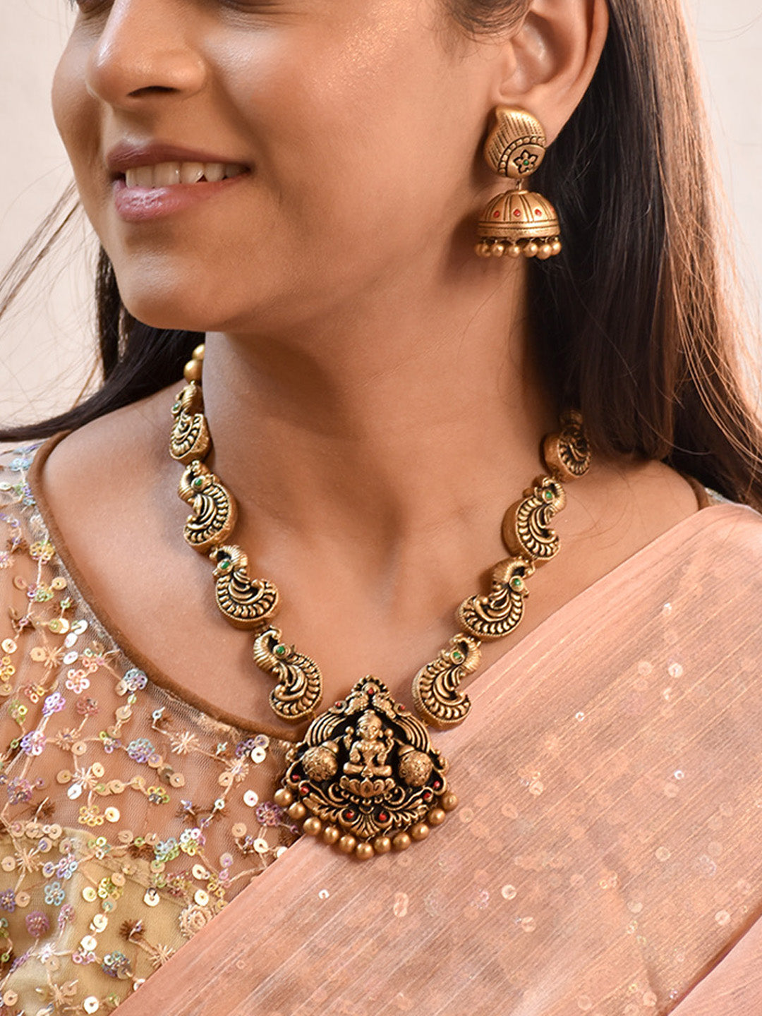 Beautifully Handmade Lakshmi Pendant Design Terracotta Jewellery Set in Antique Gold